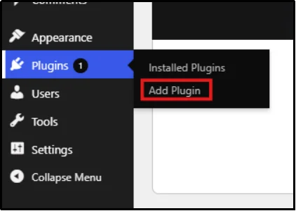 WordPress dashboard sidebar with the Plugins menu expanded and Add Plugin selected