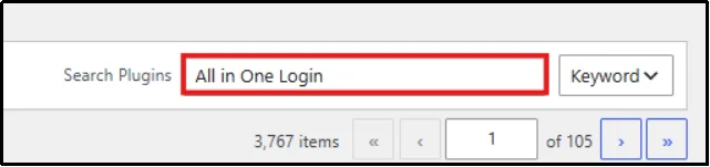 Searching for the All in One Login plugin in the WordPress Add Plugins search bar
