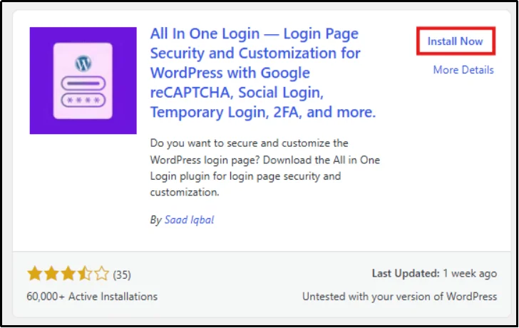 All in One Login plugin card showing the Install Now button in the WordPress plugin directory