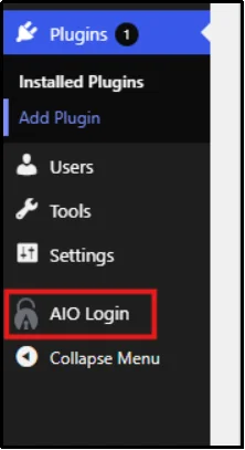 All in One Login menu item added to the WordPress dashboard sidebar after activation