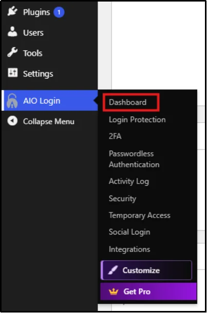 All in One Login dashboard opened from the WordPress admin sidebar menu