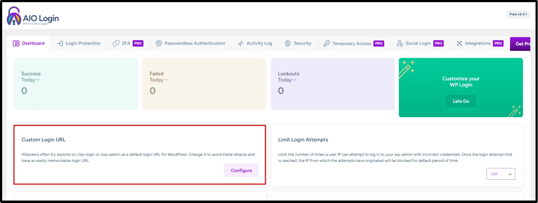 Custom Login URL settings box with the Configure button on the All in One Login dashboard