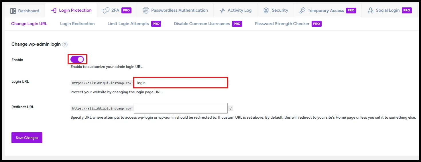 Enable toggle switched on with a custom login slug entered in the Login URL field