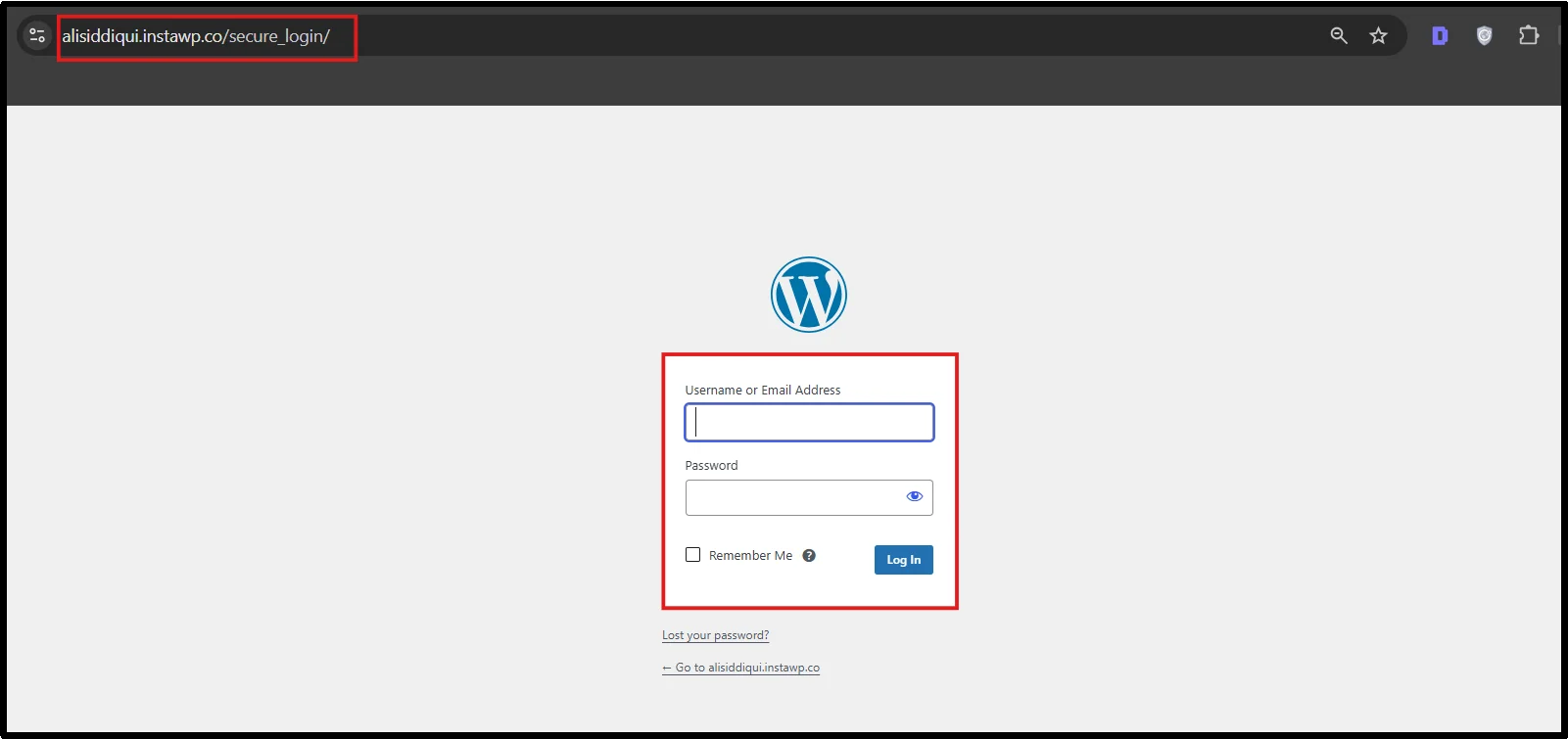 WordPress login screen loading successfully at the new custom login URL in a private browser window