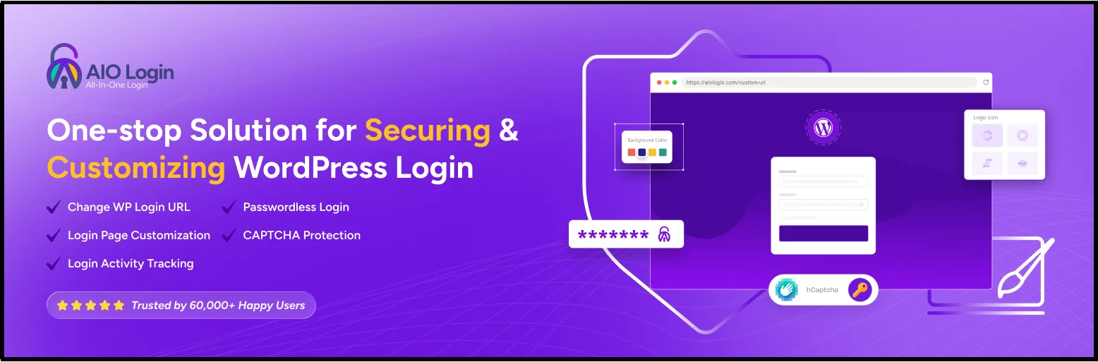 All in One Login WordPress plugin banner showing passwordless login, CAPTCHA, and login page customization features