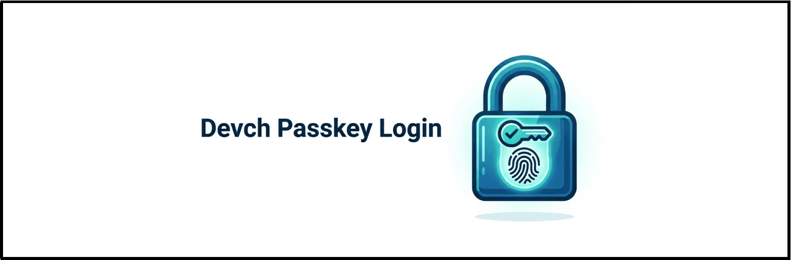 Devch Passkey Login plugin banner with a padlock, key, and fingerprint icon