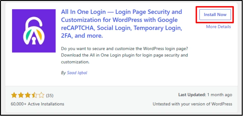 Install Now button on the All In One Login plugin card in WordPress