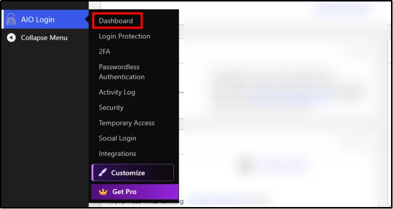 Dashboard option under the AIO Login menu in the WordPress admin sidebar