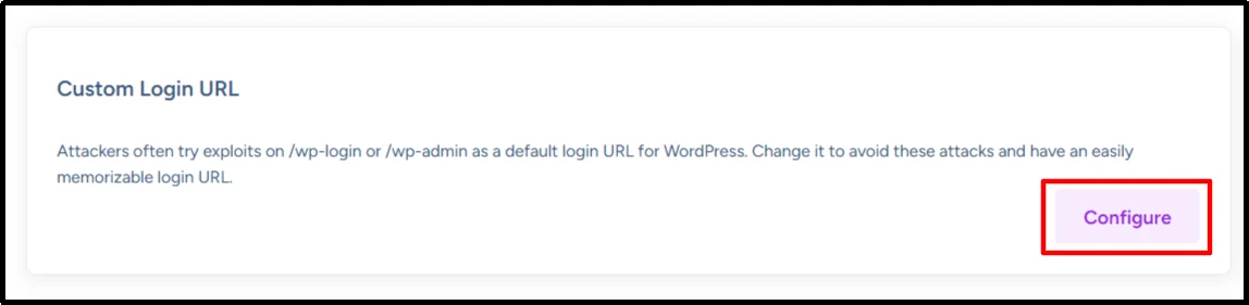 Configure button on the Custom Login URL card in the All In One Login dashboard
