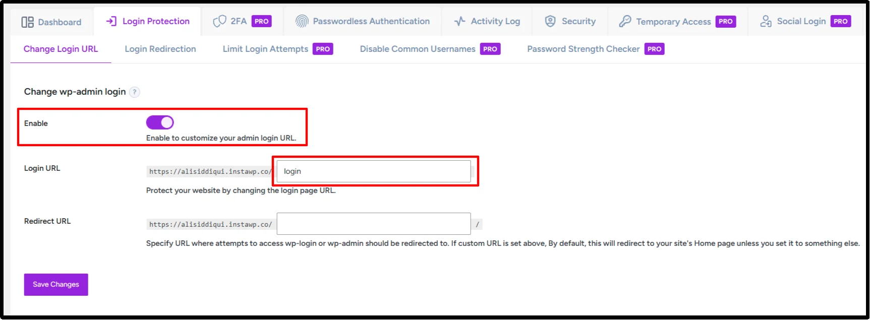 Enable toggle and Login URL field in the Change wp-admin login settings of All In One Login