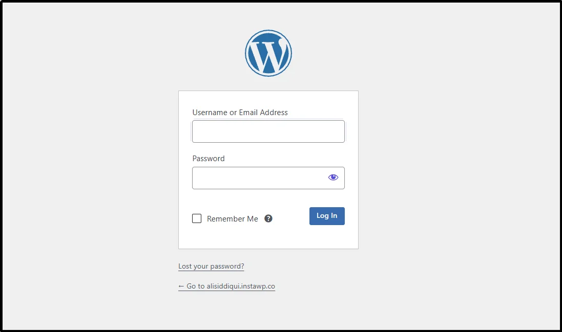 WordPress login page opened from the new custom login URL for testing